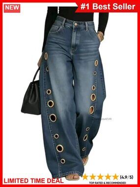 High Waisted Wide Leg Jeans Grommet Eyelet Baggy Denim Pants